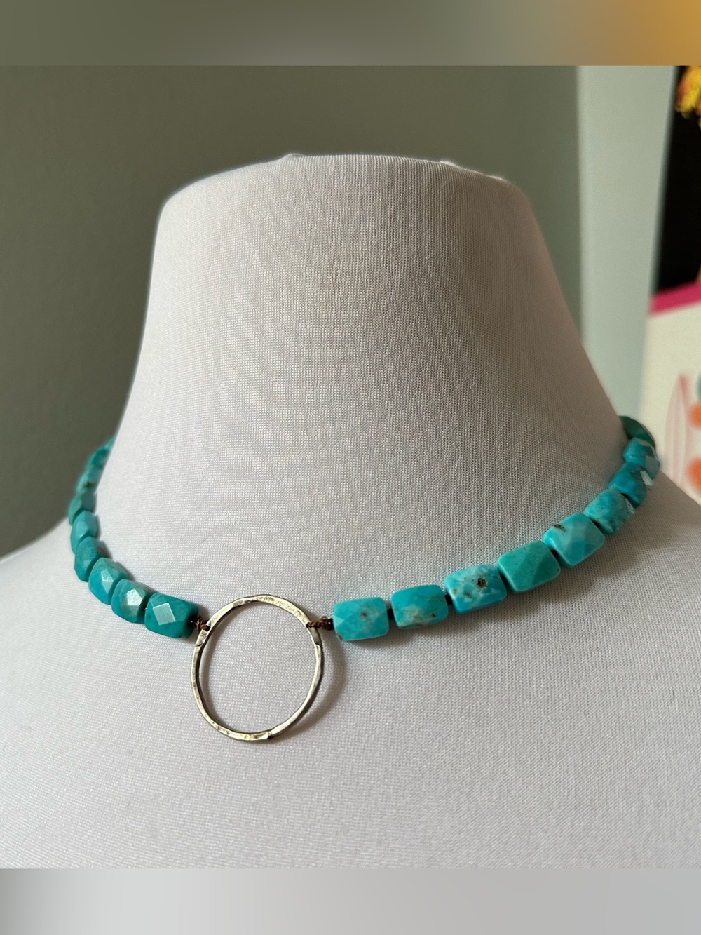 CLP Jewelry Turquoise Beaded Necklace w/ Hammered Circle Southwest 925 Sterling